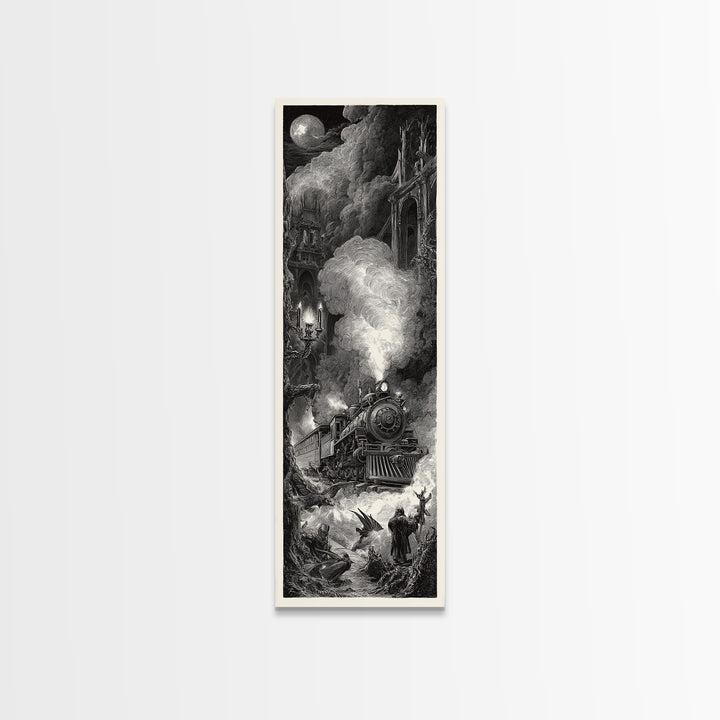 The Abandoned Train Station, Gothic Engraving Art, Tall Narrow Wall Art, Dark Halloween Decor, Canvas Print, Halloween Wall Art