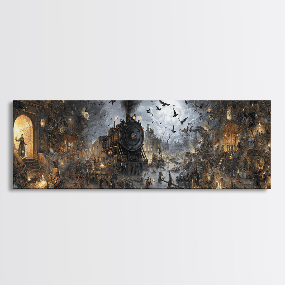 The Abandoned Train Station, Medieval Grotesque Art, Extra Wide Wall Art, Dark Halloween Decor, Canvas Print, Halloween Wall Art