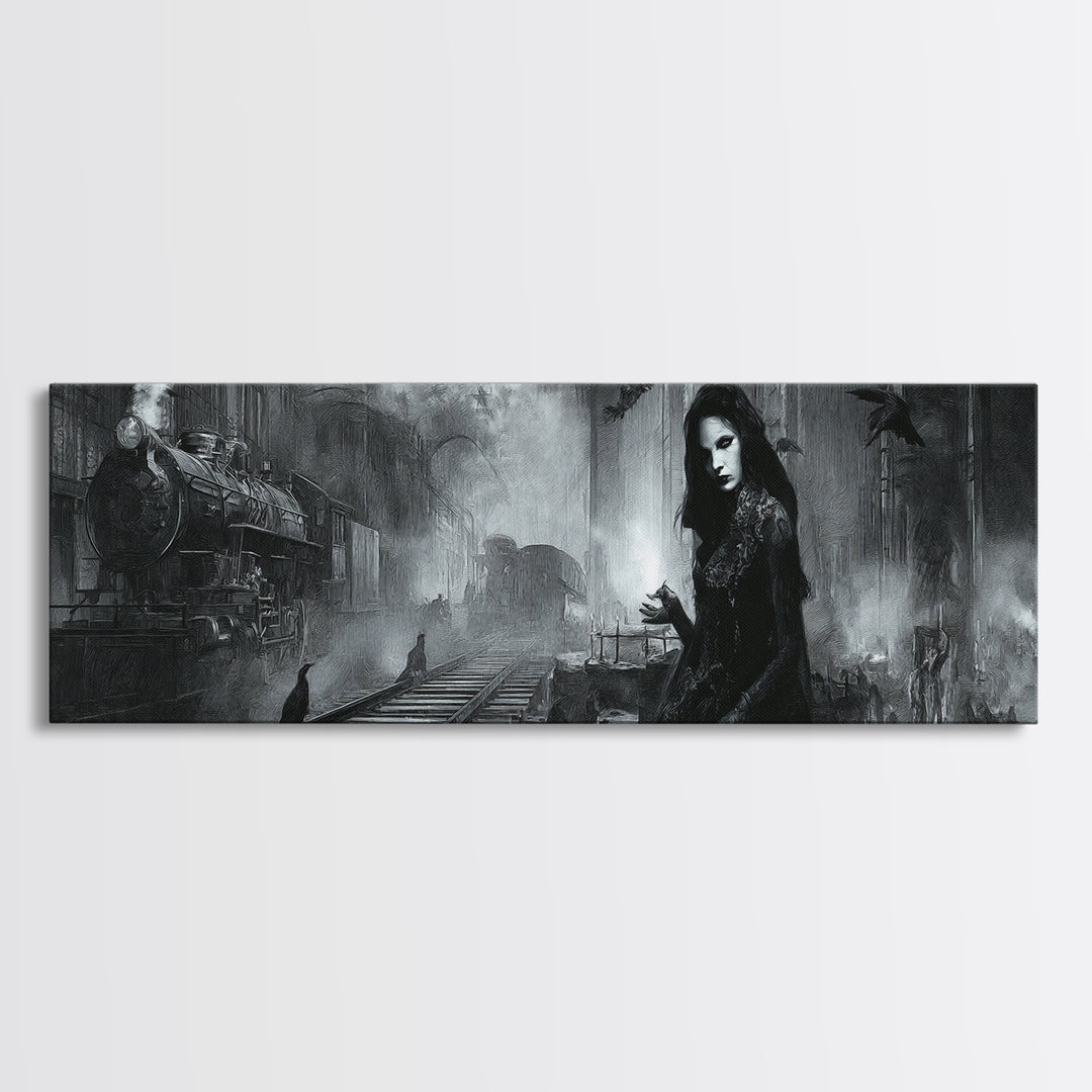 The Abandoned Train Station, Renaissance Engraving Art, Extra Wide Wall Art, Dark Halloween Decor, Canvas Print, Halloween Wall Art