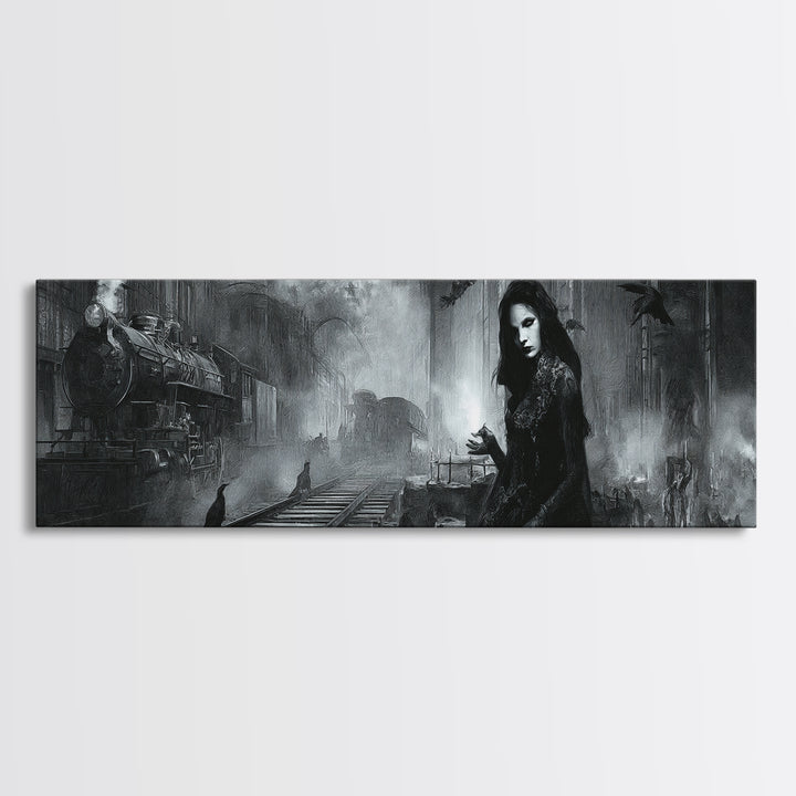 The Abandoned Train Station, Renaissance Engraving Art, Extra Wide Wall Art, Dark Halloween Decor, Canvas Print, Halloween Wall Art