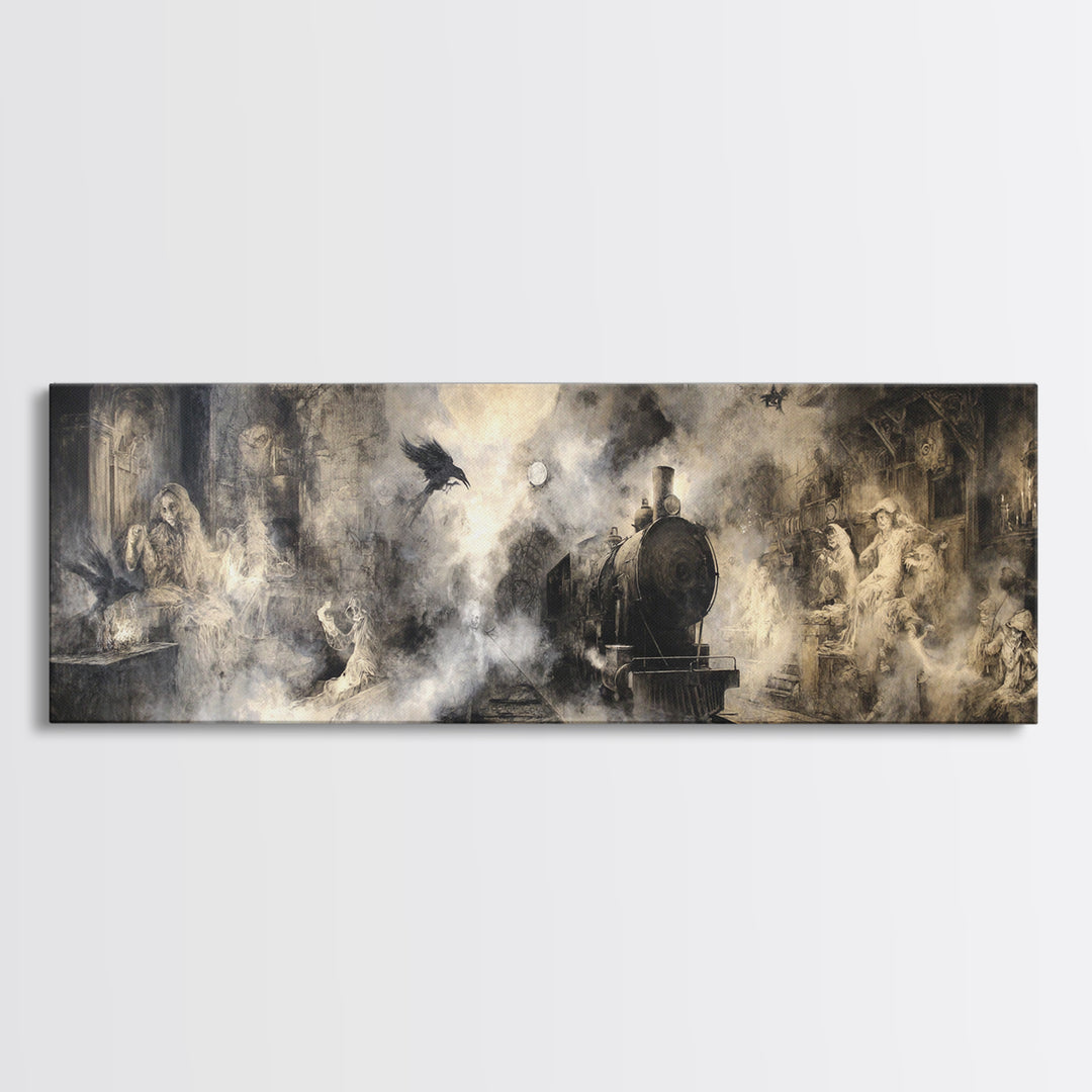 The Abandoned Train Station, Dark Romantic Horror Art, Extra Wide Wall Art, Macabre Wall Art, Canvas Print, Halloween Wall Art