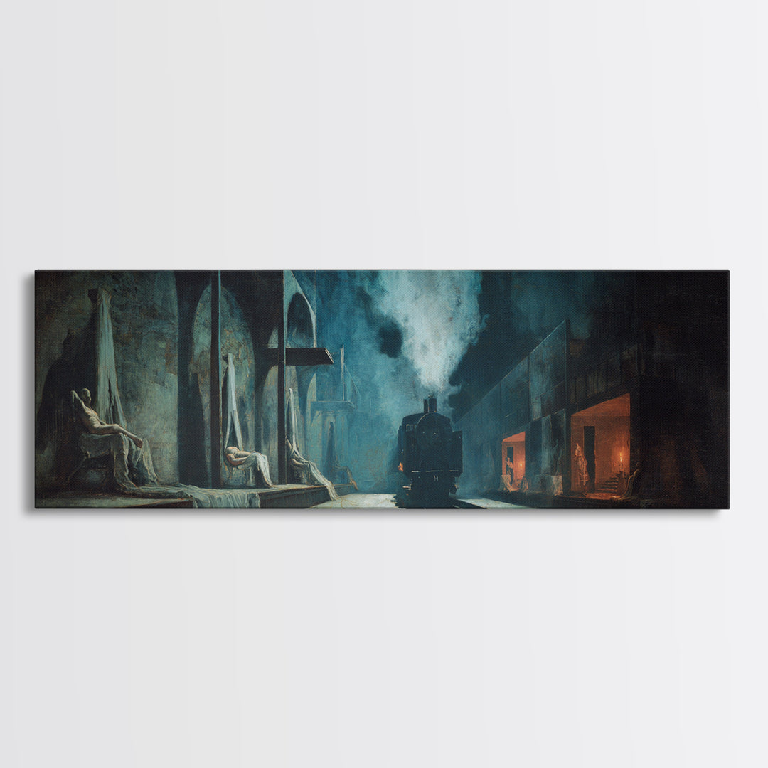 The Abandoned Train Station, Gothic Nightmare Art, Extra Wide Wall Art, Dark Halloween Decor, Canvas Print, Halloween Wall Art
