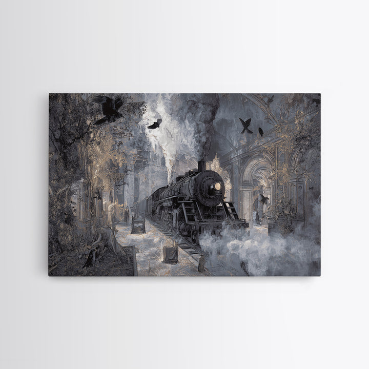 The Abandoned Train Station, Visionary Gothic Art, Landscape Wall Art, Macabre Wall Art, Canvas Print, Halloween Wall Art