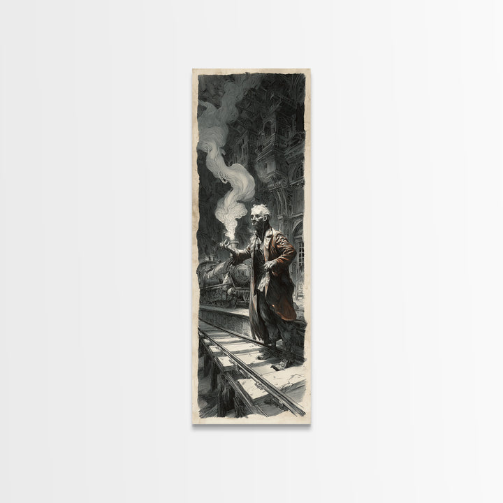 The Abandoned Train Station, Architectural Etching Art, Tall Narrow Wall Art, Gothic Horror Wall Art, Canvas Print