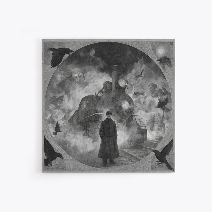 The Abandoned Train Station, Symbolist Dream Art, Square Wall Art, Gothic Horror Wall Art, Canvas Print, Halloween Wall Art
