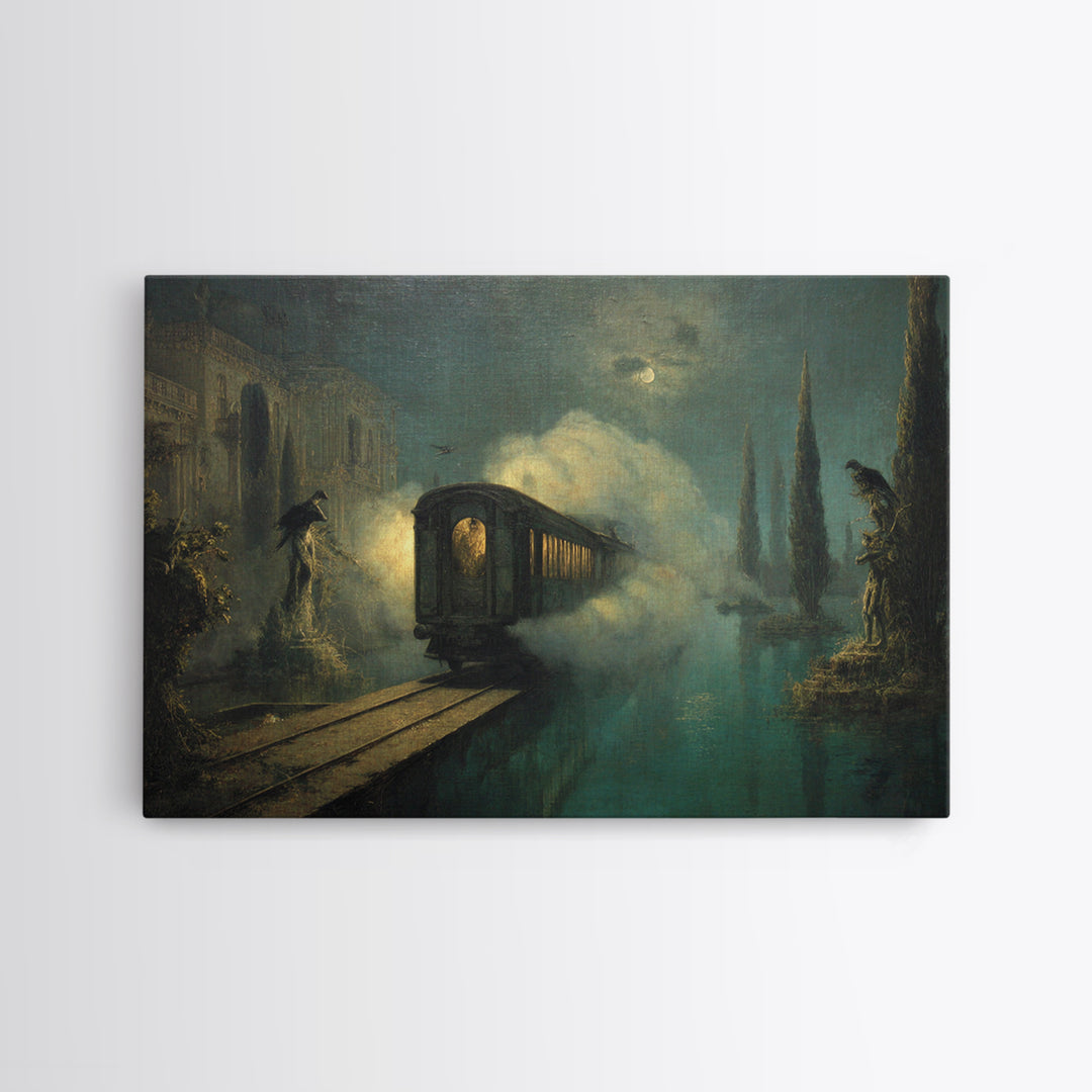 The Abandoned Train Station, Symbolist Gothic Landscape, Landscape Wall Art, Dark Halloween Decor, Framed Canvas Print, Halloween Wall Art