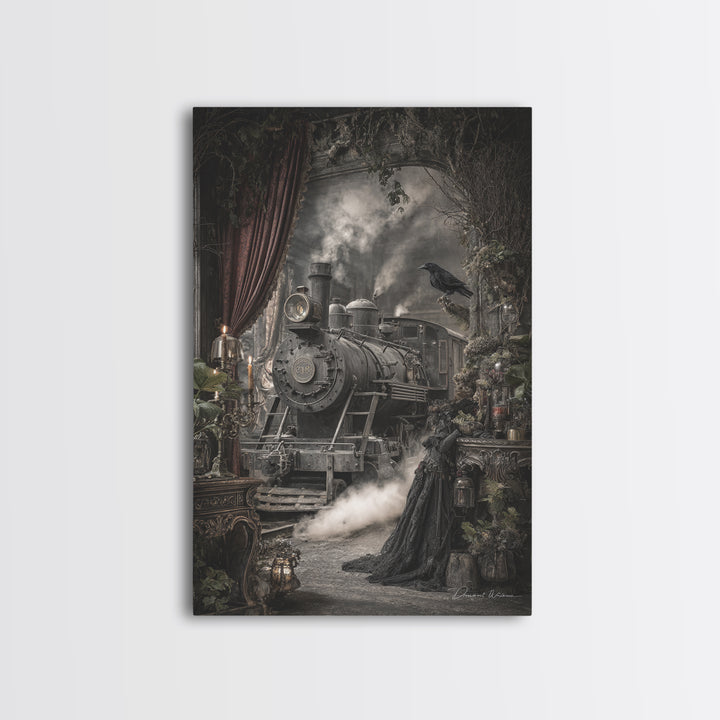 The Abandoned Train Station, Ornate Symbolist Art, Vertical Wall Art, Macabre Wall Art, Canvas Print, Halloween Wall Art