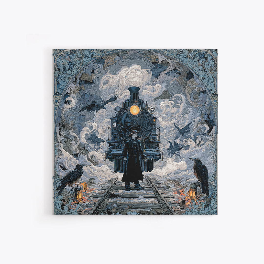 The Abandoned Train Station, Symbolist Etching Art, Square Wall Art, Macabre Wall Art, Framed Canvas Print, Halloween Wall Art