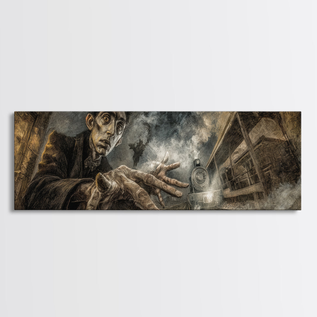 The Abandoned Train Station, Expressionist Gothic Art, Extra Wide Wall Art, Macabre Wall Art, Framed Canvas Print, Halloween Wall Art