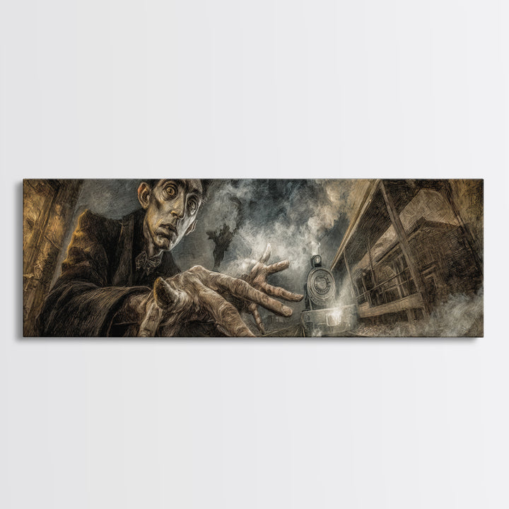 The Abandoned Train Station, Expressionist Gothic Art, Extra Wide Wall Art, Macabre Wall Art, Framed Canvas Print, Halloween Wall Art