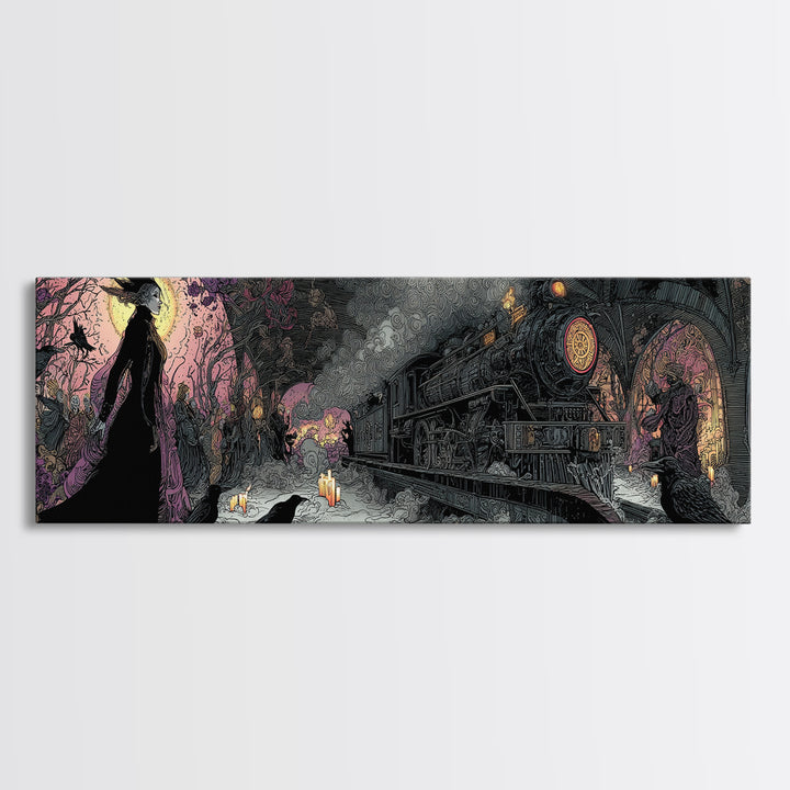 The Abandoned Train Station, Stained Glass Gothic Art, Extra Wide Wall Art, Dark Fantasy Wall Art, Canvas Print, Halloween Wall Art