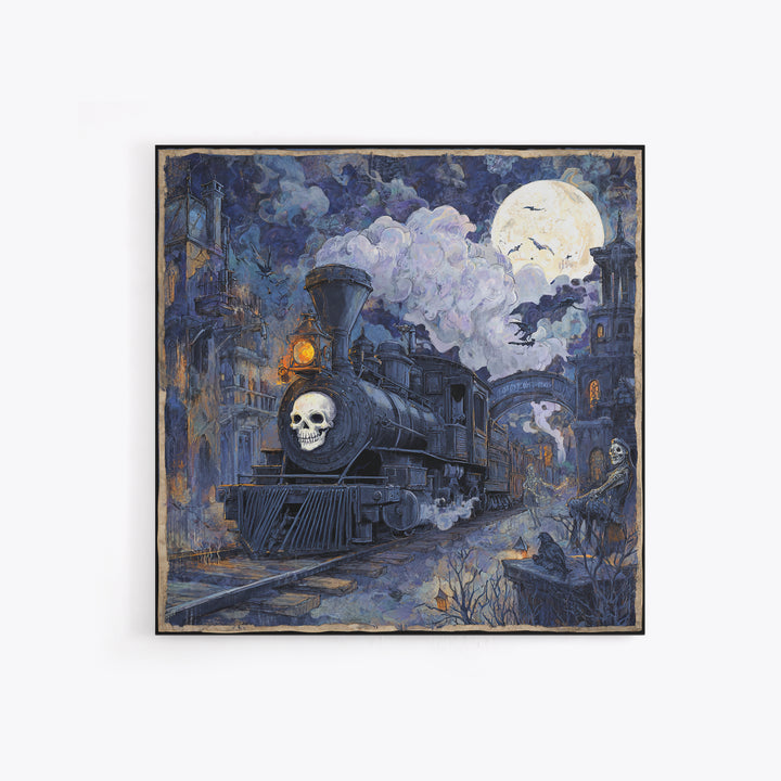 The Abandoned Train Station, Macabre Folk Print Art, Square Wall Art, Dark Halloween Decor, Canvas Print, Halloween Wall Art