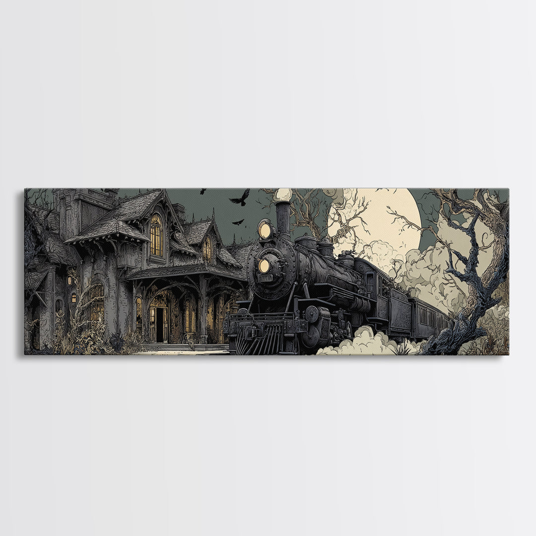 The Abandoned Train Station, Victorian Macabre Art, Extra Wide Wall Art, Dark Halloween Decor, Framed Canvas Print, Halloween Wall Art