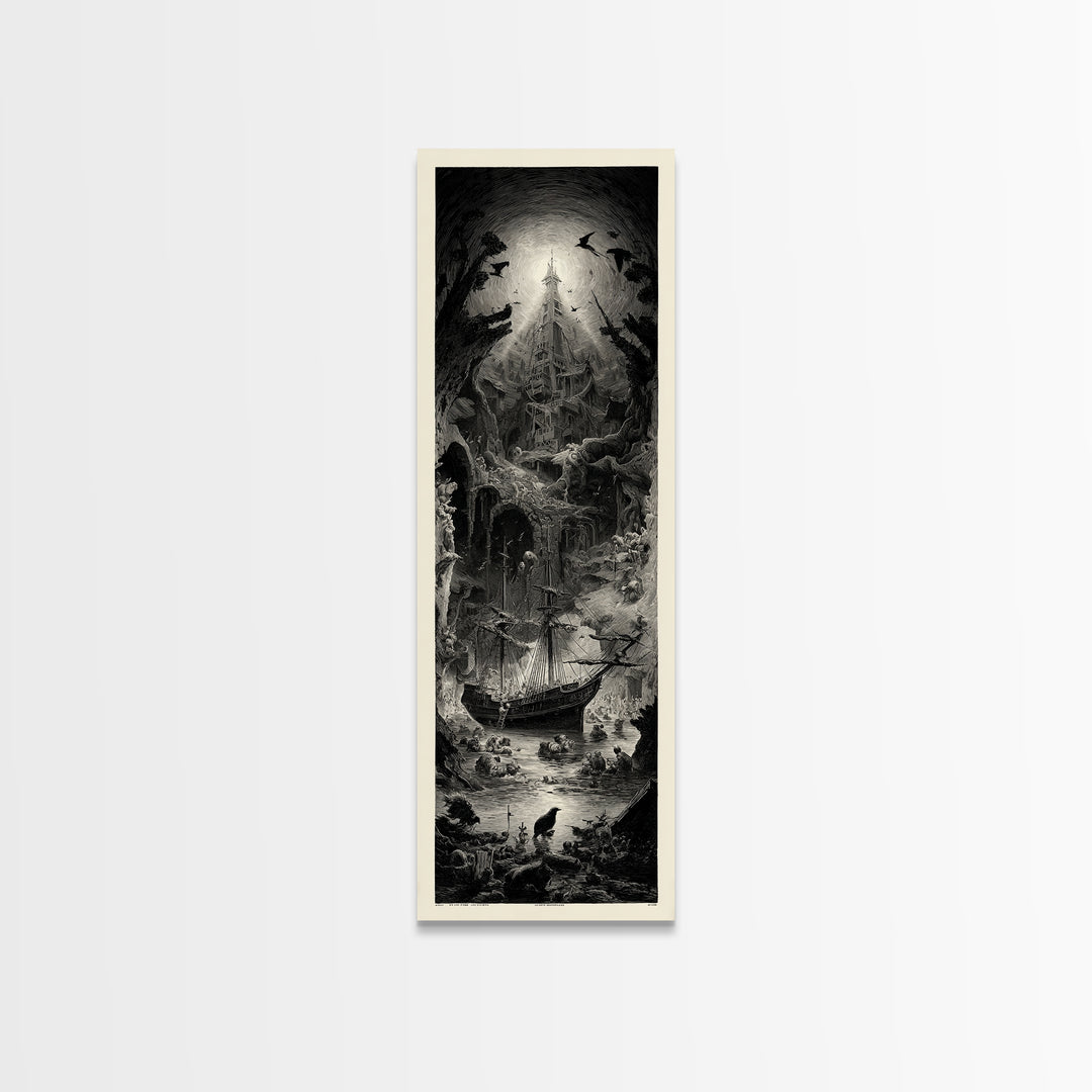 The Shipwreck Cove, Gothic Engraving Art, Tall Narrow Wall Art, Dark Fantasy Wall Art, Canvas Print, Halloween Wall Art