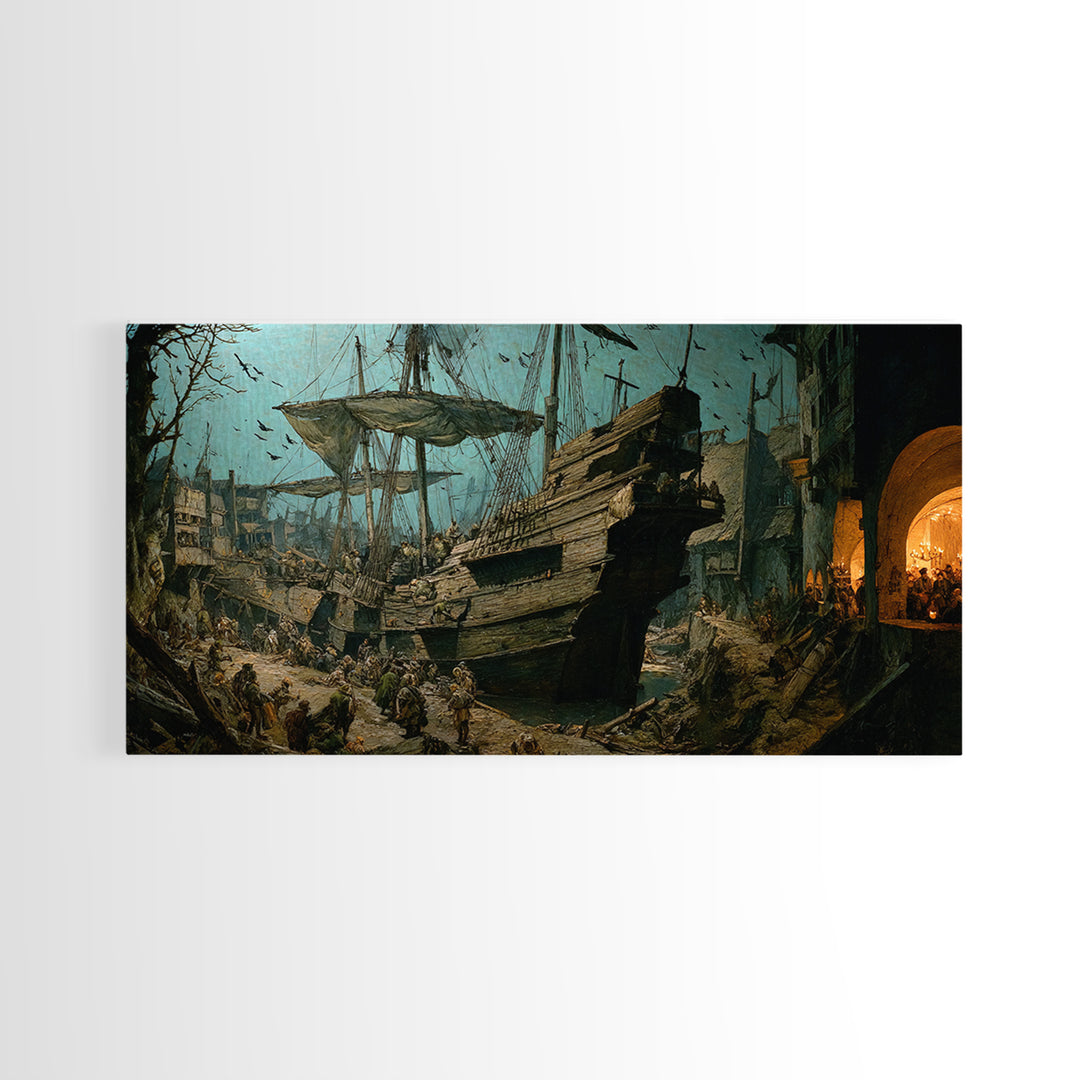 The Shipwreck Cove, Northern Renaissance Horror, Wide Panoramic Art, Dark Halloween Decor, Canvas Print, Halloween Wall Art