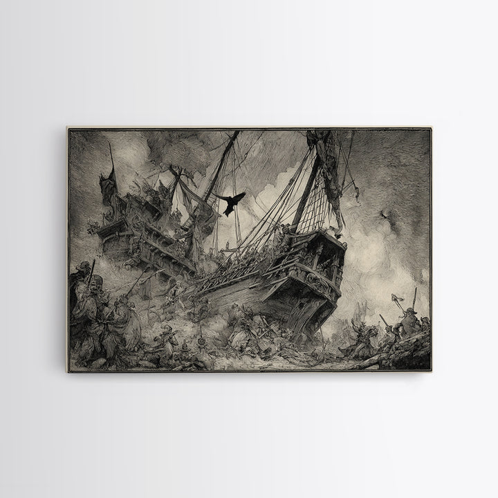 The Shipwreck Cove, Renaissance Engraving Art, Landscape Wall Art, Dark Halloween Decor, Canvas Print, Halloween Wall Art