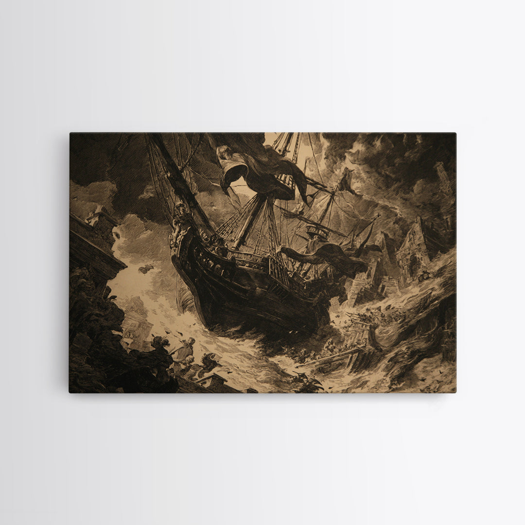 The Shipwreck Cove, Architectural Etching Art, Landscape Wall Art, Dark Halloween Decor, Framed Canvas Print, Macabre Wall Art