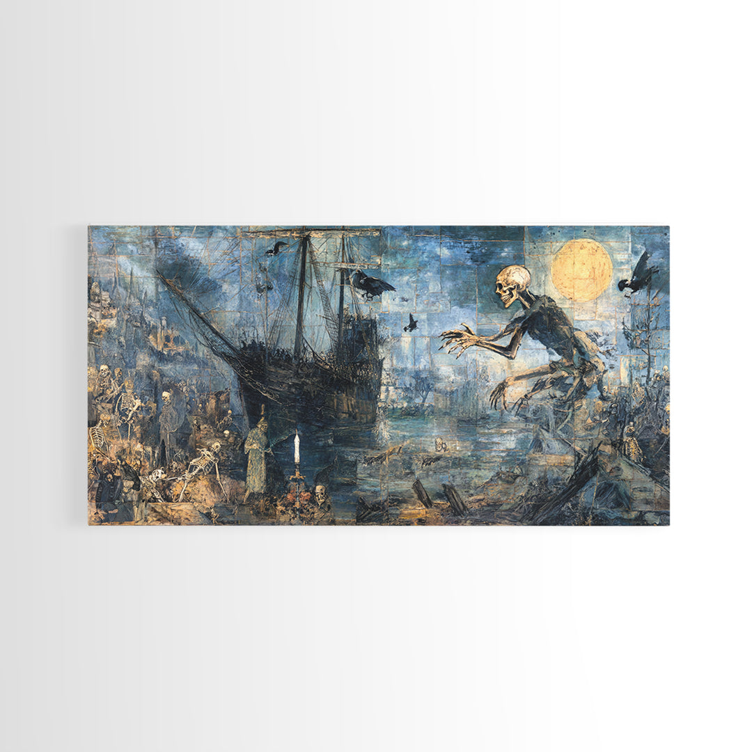 The Shipwreck Cove, Grotesque Carnival Art, Wide Panoramic Art, Dark Fantasy Wall Art, Framed Canvas Print, Halloween Wall Art