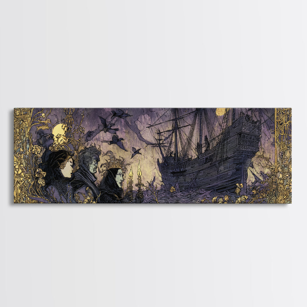 The Shipwreck Cove, Stained Glass Gothic Art, Extra Wide Wall Art, Dark Halloween Decor, Canvas Print, Halloween Wall Art
