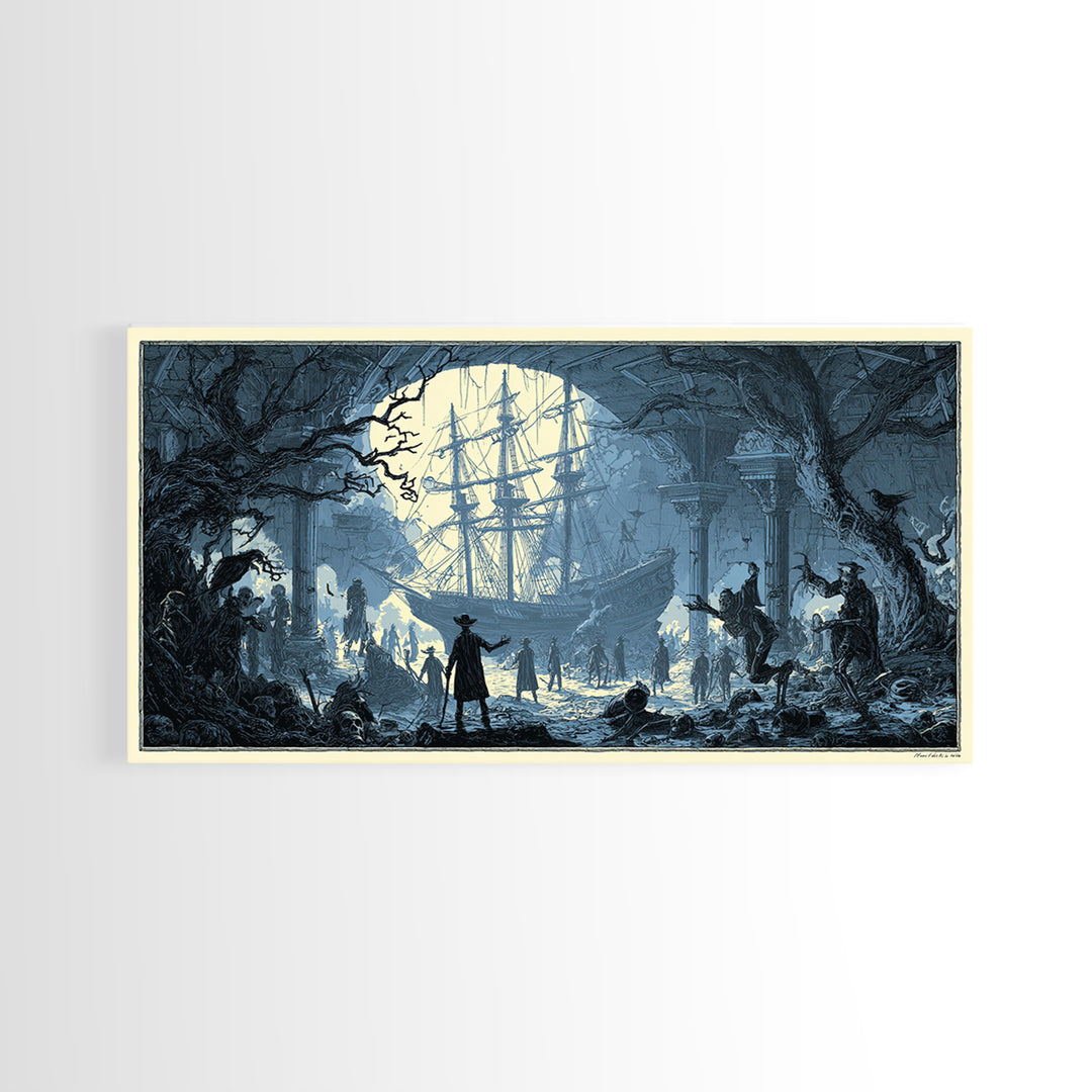 The Shipwreck Cove, Macabre Folk Print Art, Wide Panoramic Art, Macabre Wall Art, Framed Canvas Print, Halloween Wall Art
