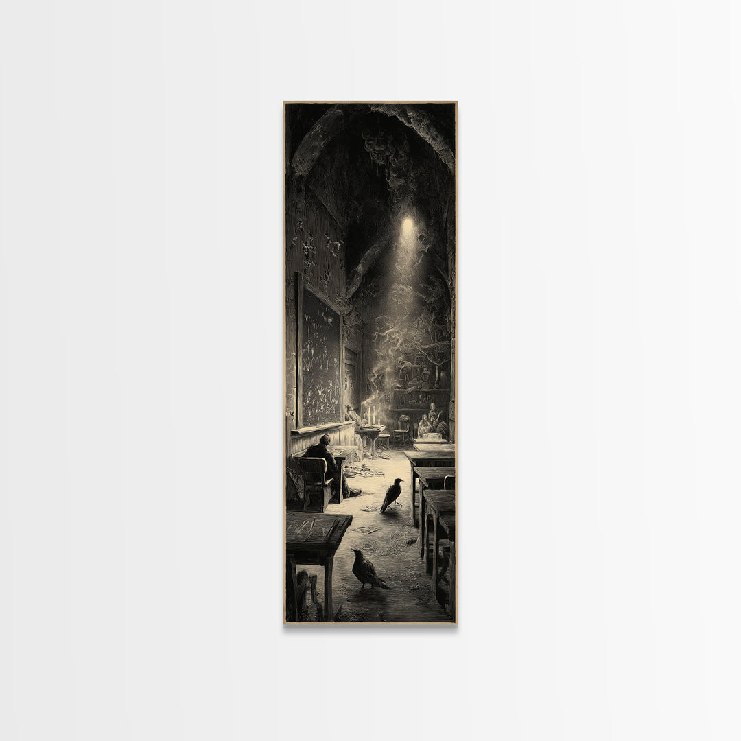 The Silent Schoolhouse, Gothic Engraving Art, Tall Narrow Wall Art, Gothic Horror Wall Art, Framed Canvas Print, Halloween Wall Art