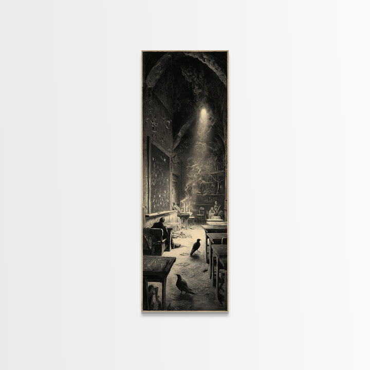 The Silent Schoolhouse, Gothic Engraving Art, Tall Narrow Wall Art, Gothic Horror Wall Art, Framed Canvas Print, Halloween Wall Art