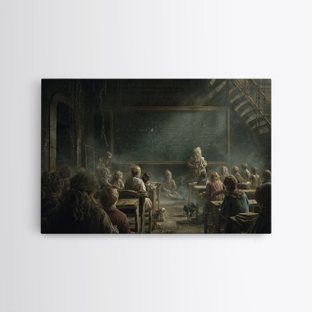 The Silent Schoolhouse, Architectural Etching Art, Landscape Wall Art, Dark Halloween Decor, Canvas Print, Halloween Wall Art