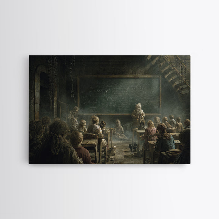 The Silent Schoolhouse, Architectural Etching Art, Landscape Wall Art, Dark Halloween Decor, Canvas Print, Halloween Wall Art