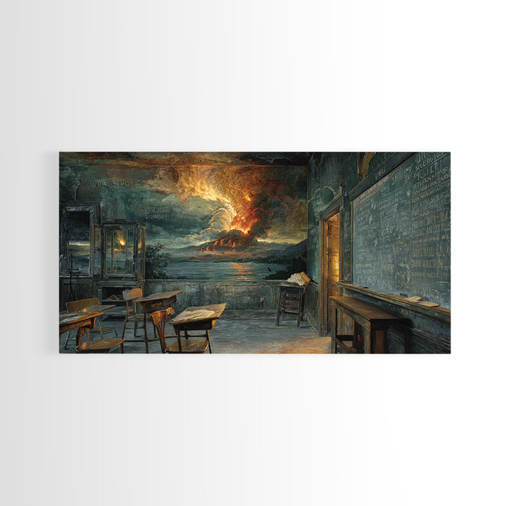 The Silent Schoolhouse, Apocalyptic Romantic Art, Wide Panoramic Art, Dark Halloween Decor, Framed Canvas Print, Halloween Wall Art