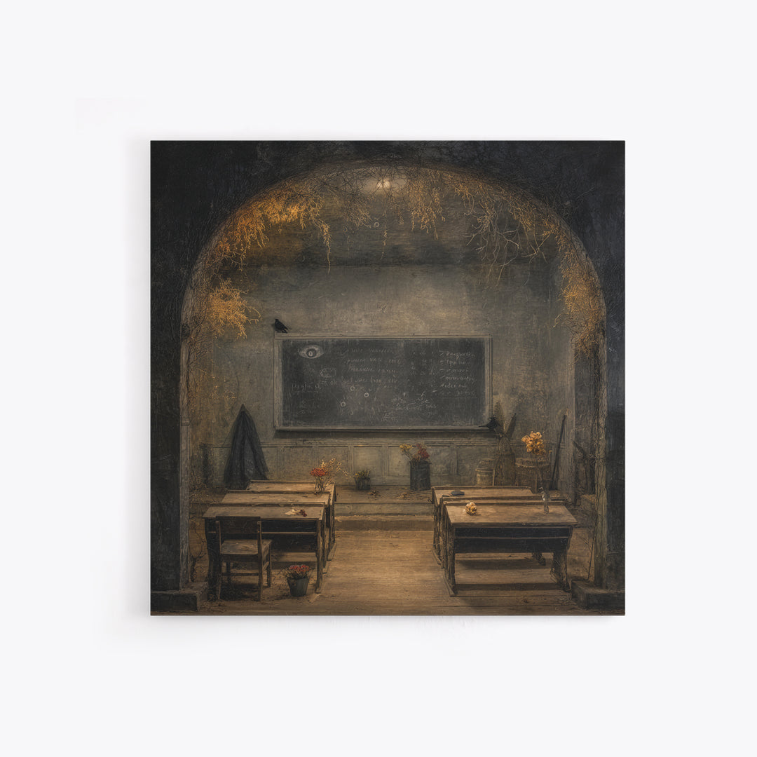 The Silent Schoolhouse, Symbolist Dream Art, Square Wall Art, Dark Halloween Decor, Framed Canvas Print, Halloween Wall Art