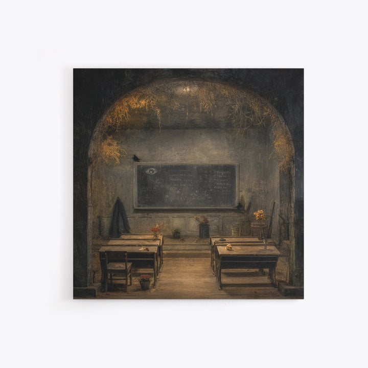 The Silent Schoolhouse, Symbolist Dream Art, Square Wall Art, Dark Halloween Decor, Framed Canvas Print, Halloween Wall Art