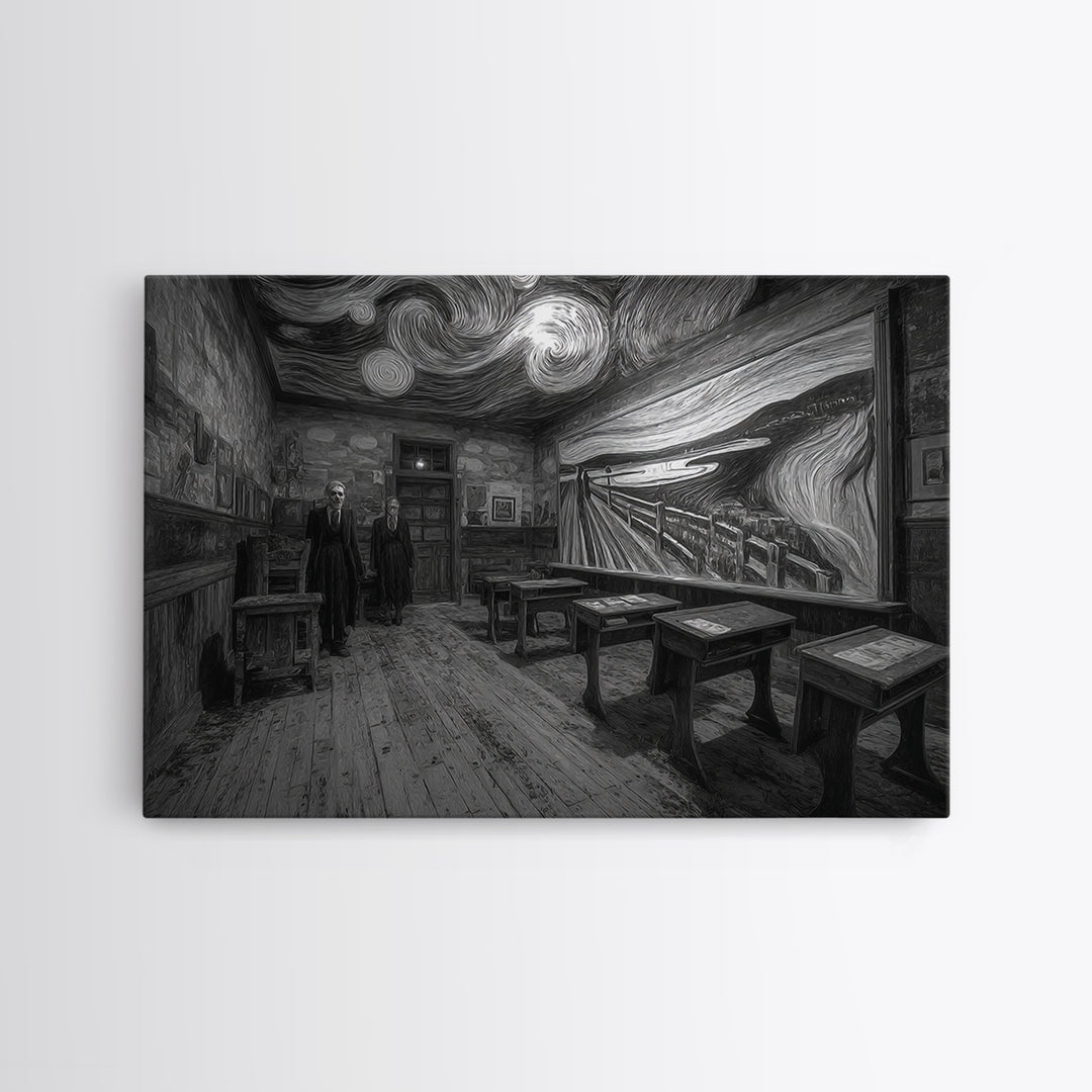 The Silent Schoolhouse, Expressionist Gothic Art, Landscape Wall Art, Dark Halloween Decor, Framed Canvas Print, Halloween Wall Art