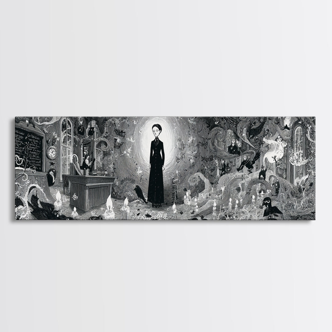 The Silent Schoolhouse, Decadent Line Art, Extra Wide Wall Art, Macabre Wall Art, Canvas Print, Halloween Wall Art