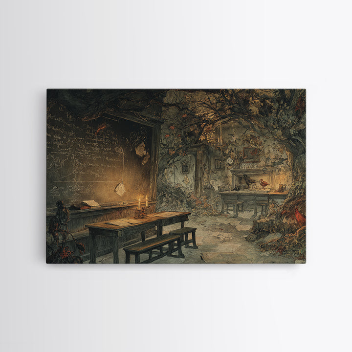 The Silent Schoolhouse, Gothic Storybook Art, Landscape Wall Art, Gothic Horror Wall Art, Framed Canvas Print, Halloween Wall Art