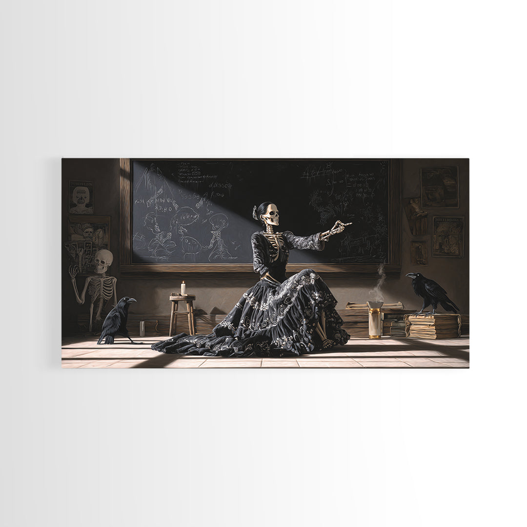 The Silent Schoolhouse, Macabre Folk Print Art, Wide Panoramic Art, Dark Halloween Decor, Framed Canvas Print, Macabre Wall Art