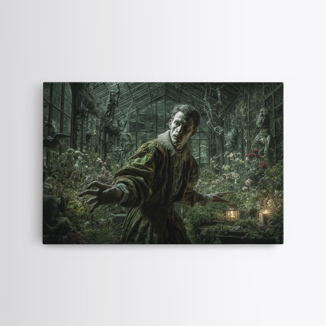 The Cemetery Greenhouse, Medieval Grotesque Art, Landscape Wall Art, Macabre Wall Art, Framed Canvas Print, Halloween Wall Art