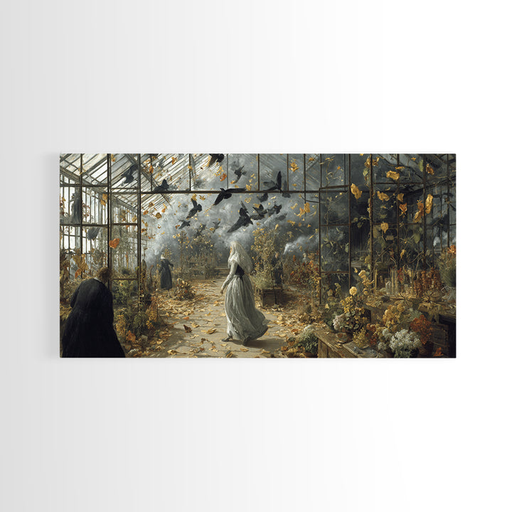 The Cemetery Greenhouse, Northern Renaissance Horror, Wide Panoramic Art, Dark Halloween Decor, Framed Canvas Print
