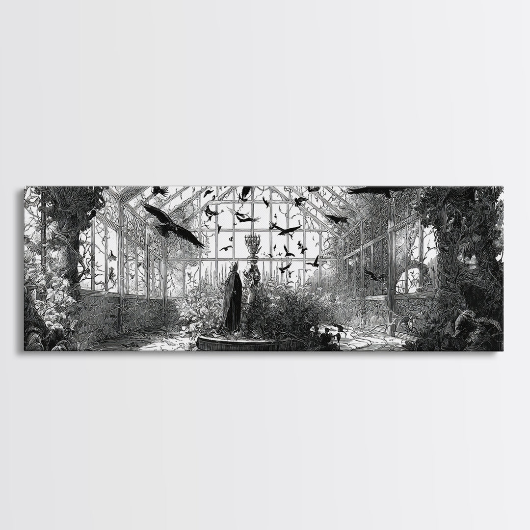 The Cemetery Greenhouse, Renaissance Engraving Art, Extra Wide Wall Art, Dark Fantasy Wall Art, Canvas Print, Halloween Wall Art