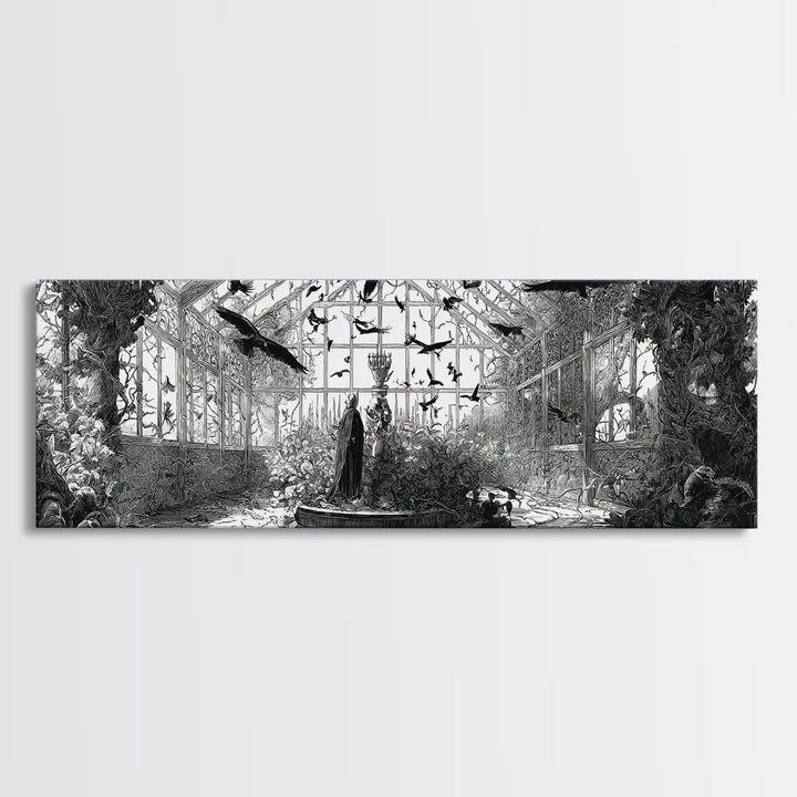 The Cemetery Greenhouse, Renaissance Engraving Art, Extra Wide Wall Art, Dark Fantasy Wall Art, Canvas Print, Halloween Wall Art