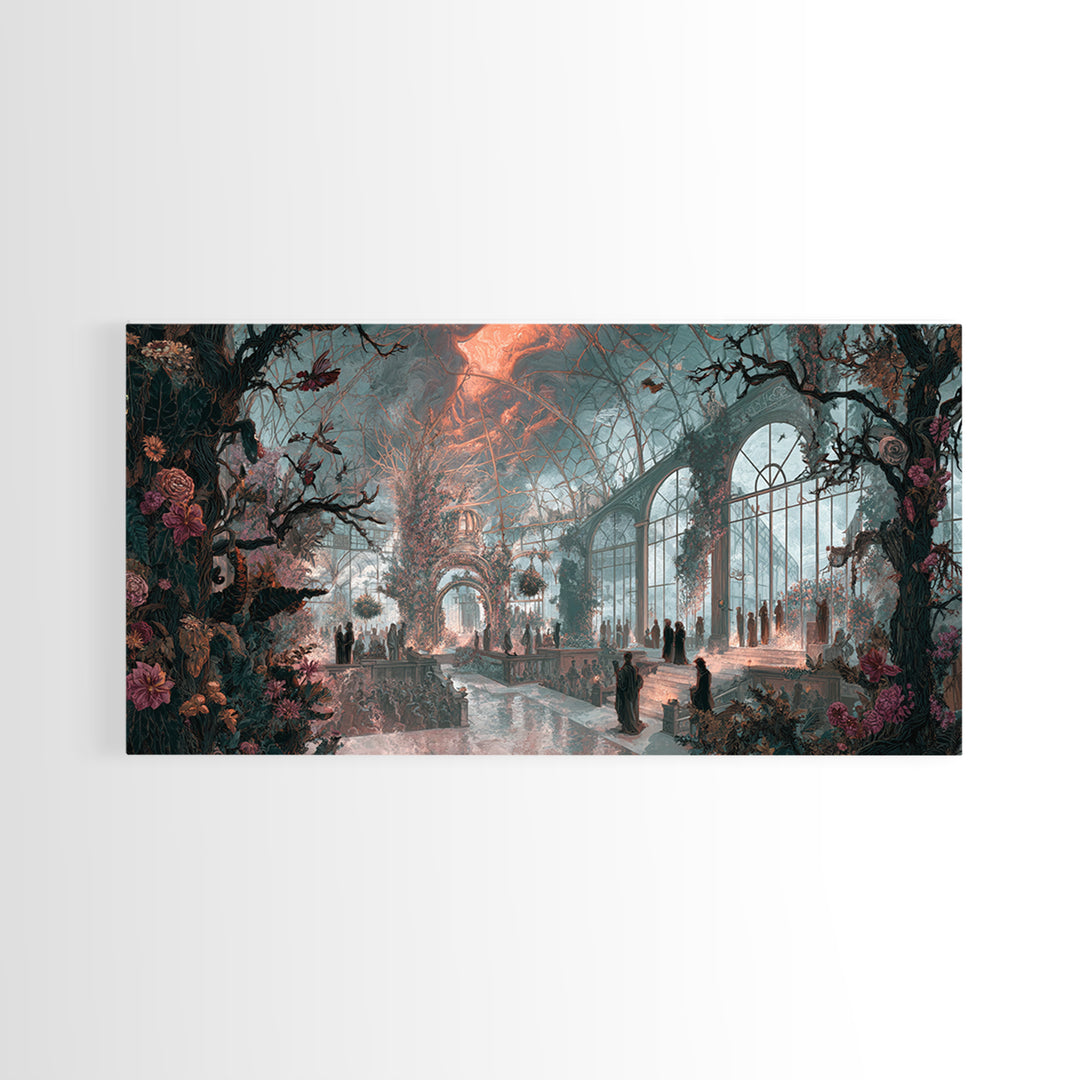The Cemetery Greenhouse, Apocalyptic Romantic Art, Wide Panoramic Art, Macabre Wall Art, Canvas Print, Halloween Wall Art
