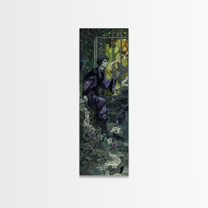 The Cemetery Greenhouse, Stained Glass Gothic Art, Tall Narrow Wall Art, Dark Halloween Decor, Framed Canvas Print, Halloween Wall Art