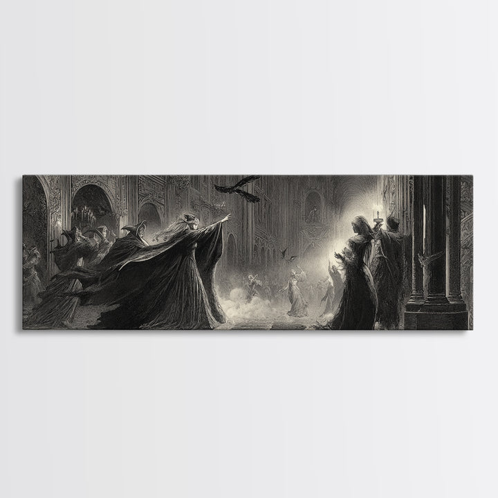 The Midnight Masquerade, Gothic Engraving Art, Extra Wide Wall Art, Dark Fantasy Wall Art, Canvas Print, Halloween Wall Art