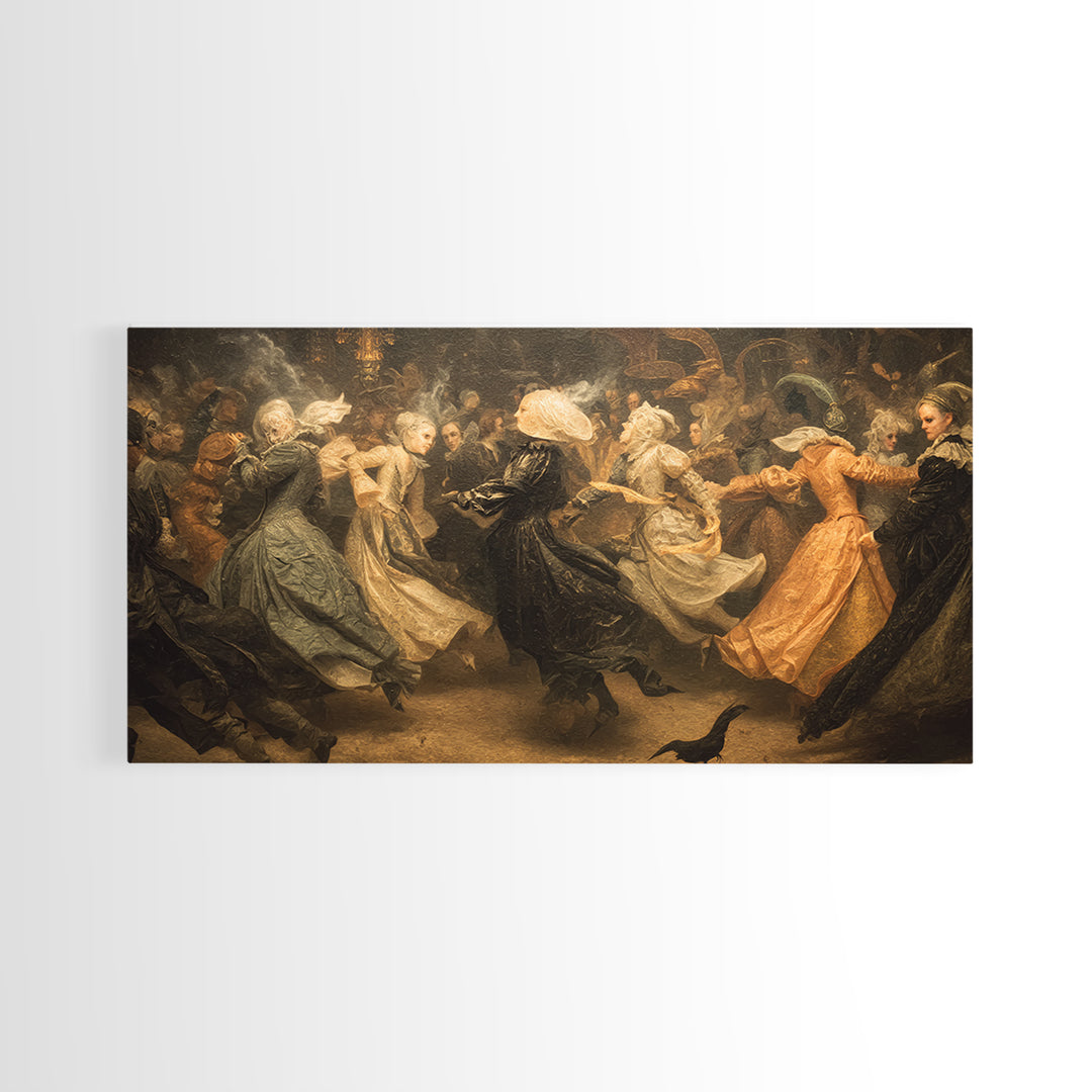 The Midnight Masquerade, Medieval Grotesque Art, Wide Panoramic Art, Gothic Horror Wall Art, Framed Canvas Print, Halloween Wall Art