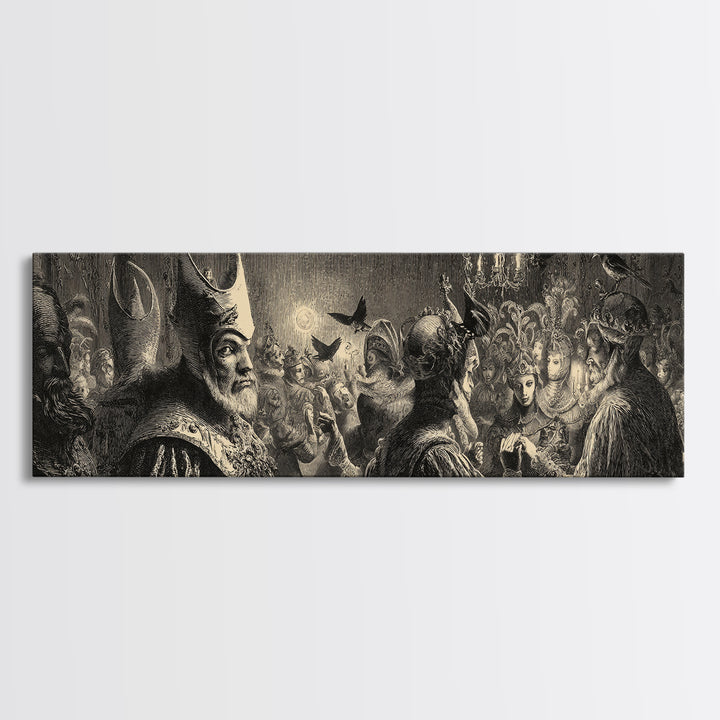 The Midnight Masquerade, Renaissance Engraving Art, Extra Wide Wall Art, Dark Fantasy Wall Art, Framed Canvas Print, Halloween Wall Art