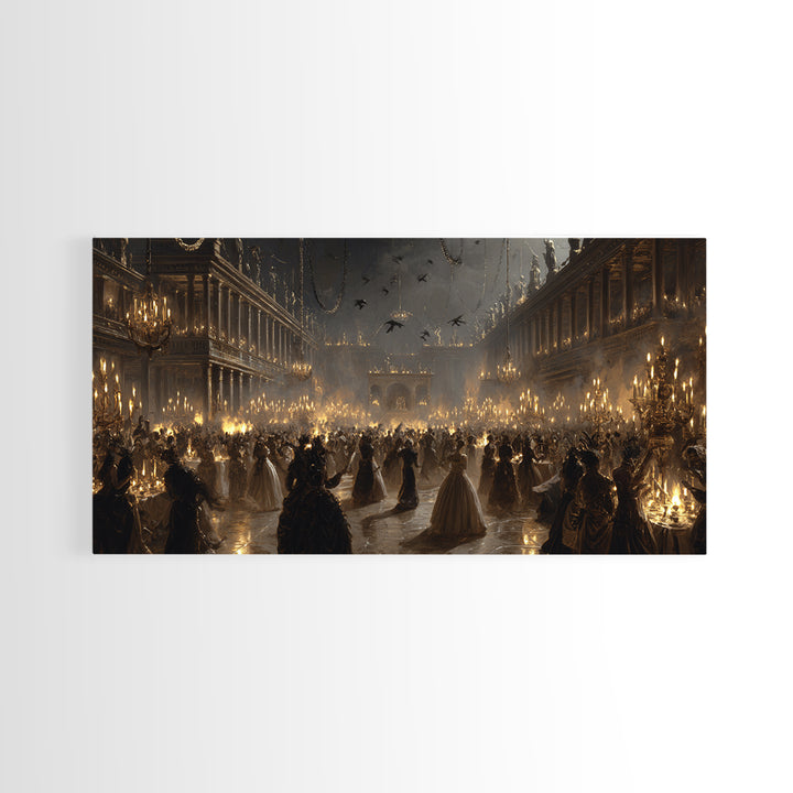 The Midnight Masquerade, Architectural Etching Art, Wide Panoramic Art, Macabre Wall Art, Canvas Print, Halloween Wall Art
