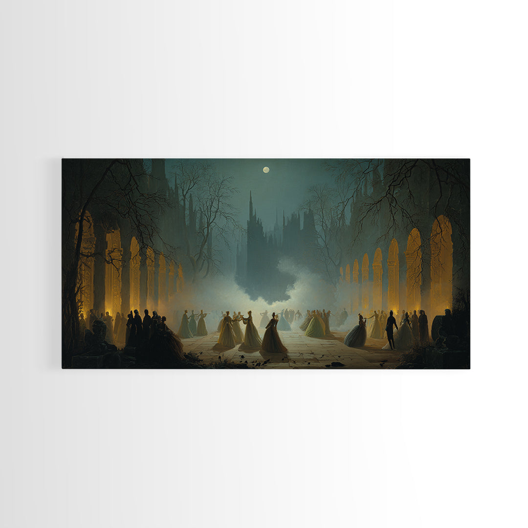 The Midnight Masquerade, Romantic Gothic Landscape, Wide Panoramic Art, Dark Fantasy Wall Art, Canvas Print, Halloween Wall Art