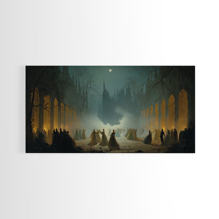 The Midnight Masquerade, Romantic Gothic Landscape, Wide Panoramic Art, Dark Fantasy Wall Art, Canvas Print, Halloween Wall Art