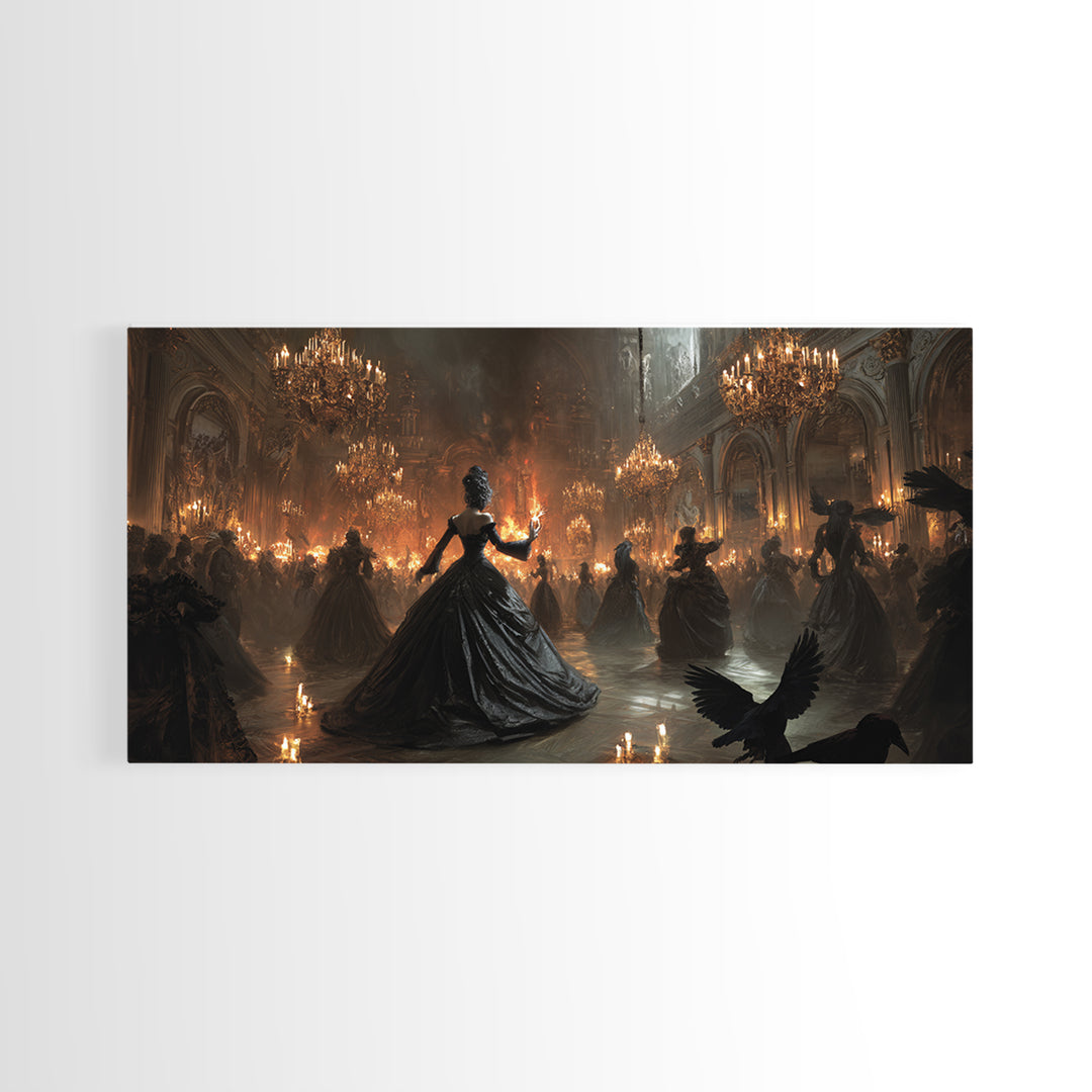 The Midnight Masquerade, Apocalyptic Romantic Art, Wide Panoramic Art, Gothic Horror Wall Art, Framed Canvas Print, Halloween Wall Art
