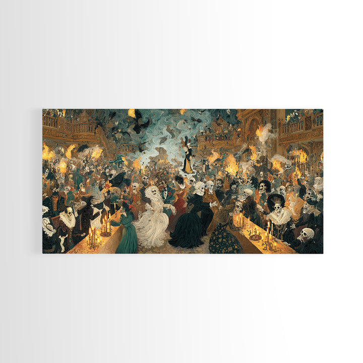 The Midnight Masquerade, Grotesque Carnival Art, Wide Panoramic Art, Dark Fantasy Wall Art, Framed Canvas Print, Halloween Wall Art
