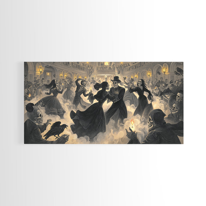 The Midnight Masquerade, Macabre Folk Print Art, Wide Panoramic Art, Gothic Horror Wall Art, Framed Canvas Print